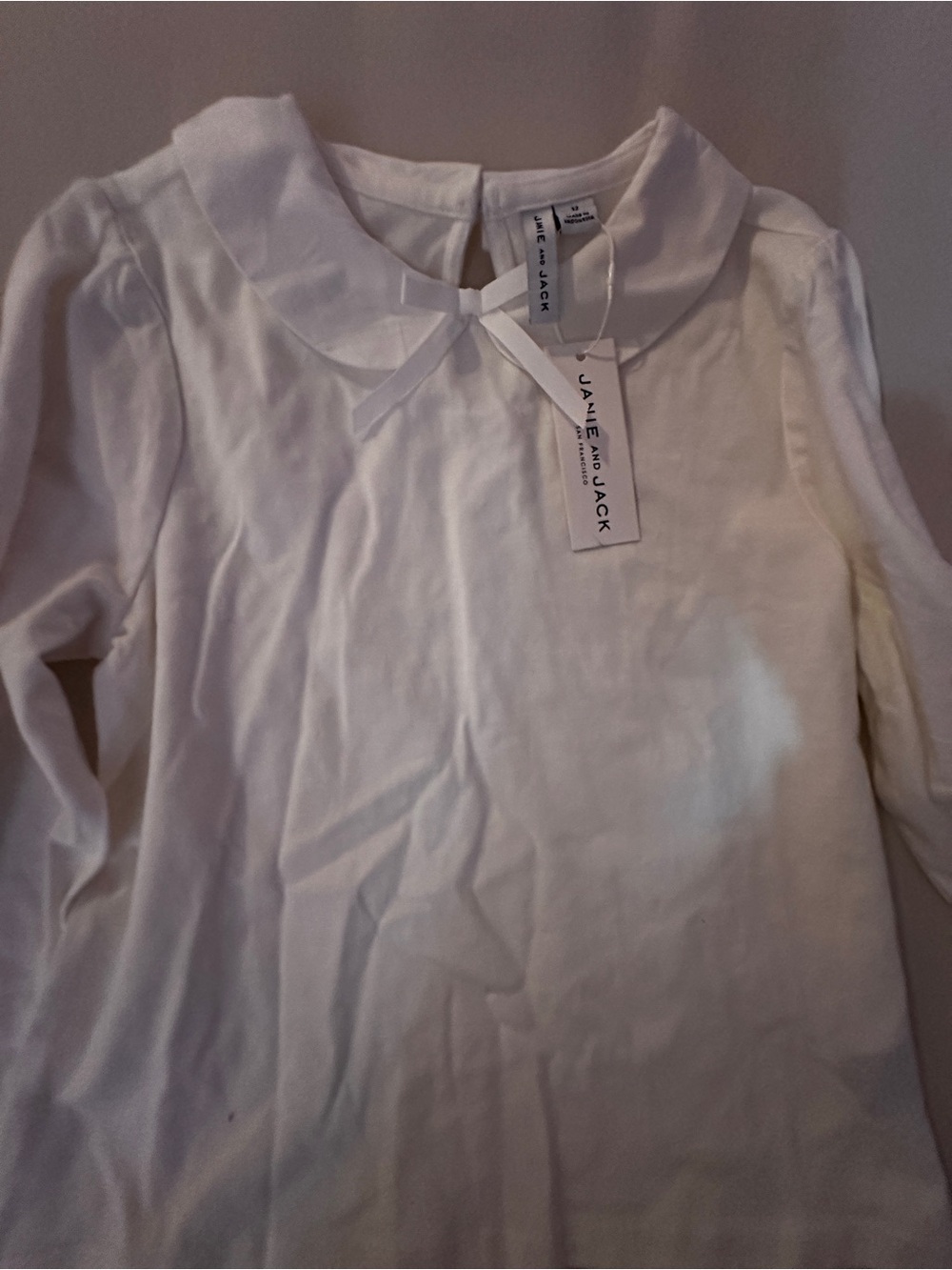 Janie and Jack White Long-Sleeve Top with Peter Pan Collar and Bow Accent